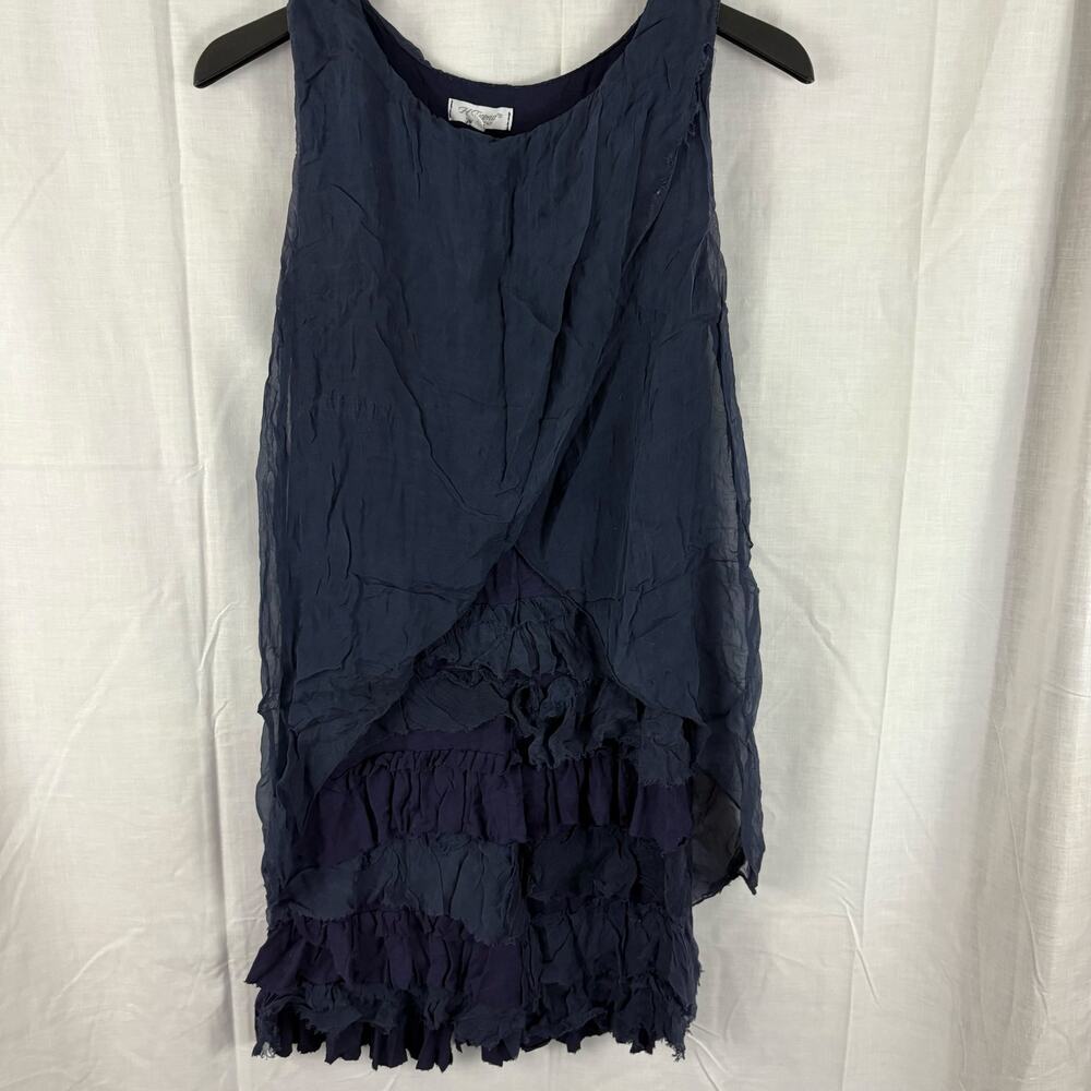 H Trend Made in Italy Navy Blue 100% Silk Ruffle Sleeveless Dress XS